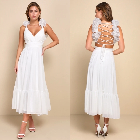 Lulus Contemporary Poise White Pleated Ruffled Lace-Up Midi Dress S Wedding - Picture 1 of 10
